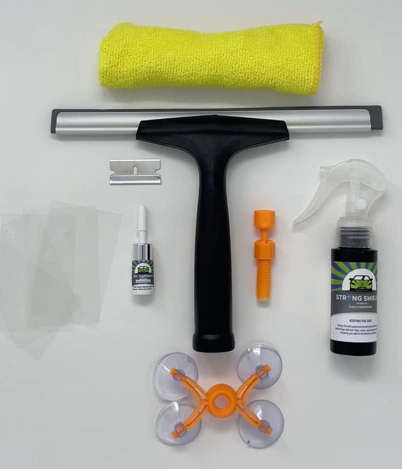 Strong Shield Windshield Repair, Strengthener and Water Repellent The Kit Includes, Windshield Repair Kit, 2 Ounces of Strong Shield Windshield Strengthener, 1 Squeegee, and 1 Cloth